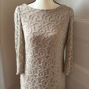 Nine West Beige Embroidered Sheer Overlay Mini Dress